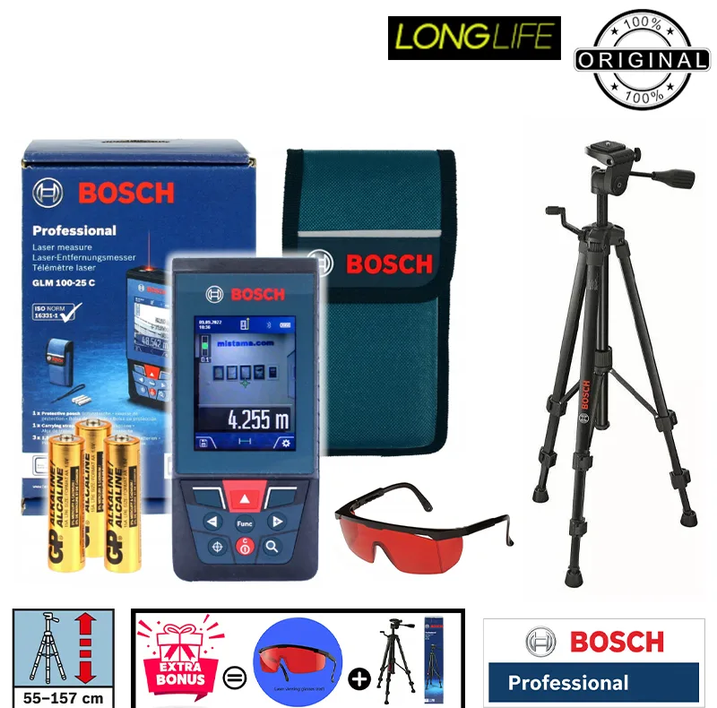 متر لیزری بوش مدل دوربین دار GLM 100-25 C Professional + BT150 + Red Glass Laser برد 100 متر
