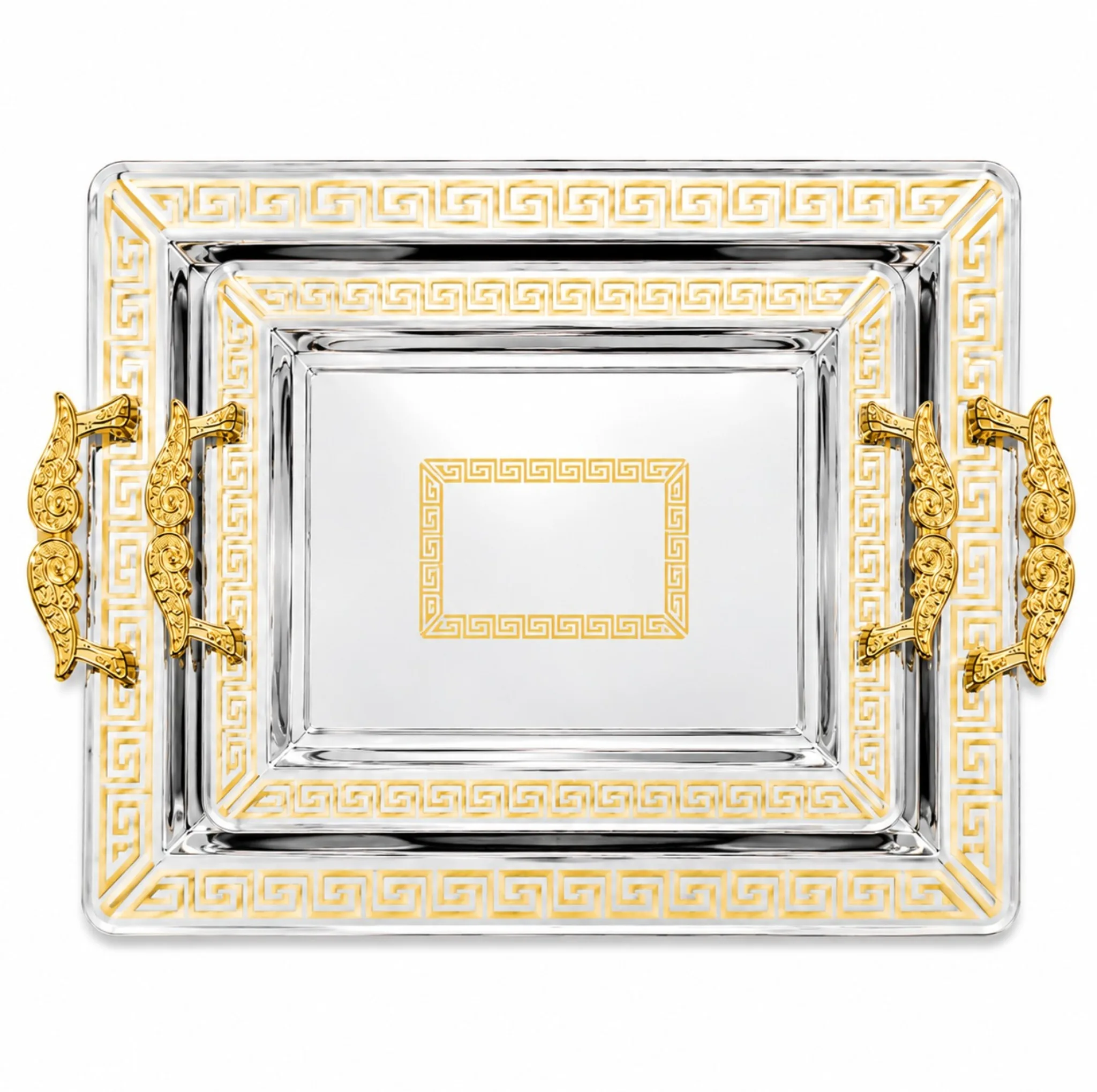 سینی دسته دار تونیش مدل مجلسی کد ۱۳۰۱ طرح Versace سایز ۳۰*۴۳ سانتی متر مجموعه دو عددی