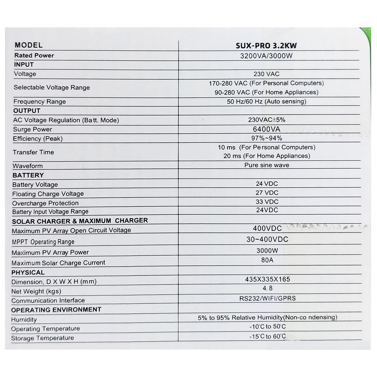اینورتر خورشیدی سانکس سولار مدل SUX-PRO3.2KW ظرفیت 3200 وات