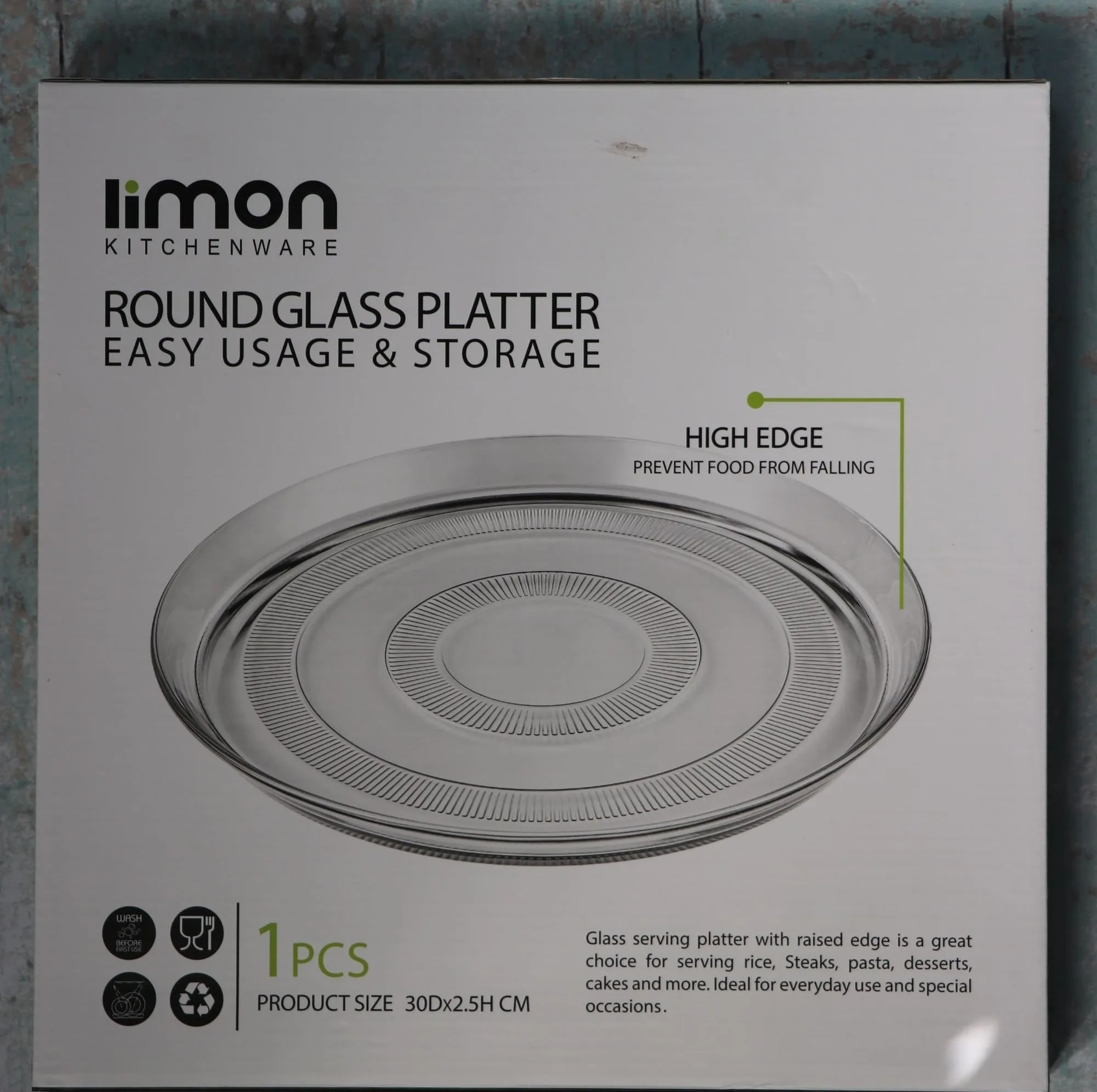 دیس شیشهای لیمون مدل گرد کد HS2437، ابعاد 30×30×2.5 سانتیمتر، ضدشوک حرارتی، مناسب پیتزا، برنج و کیک
