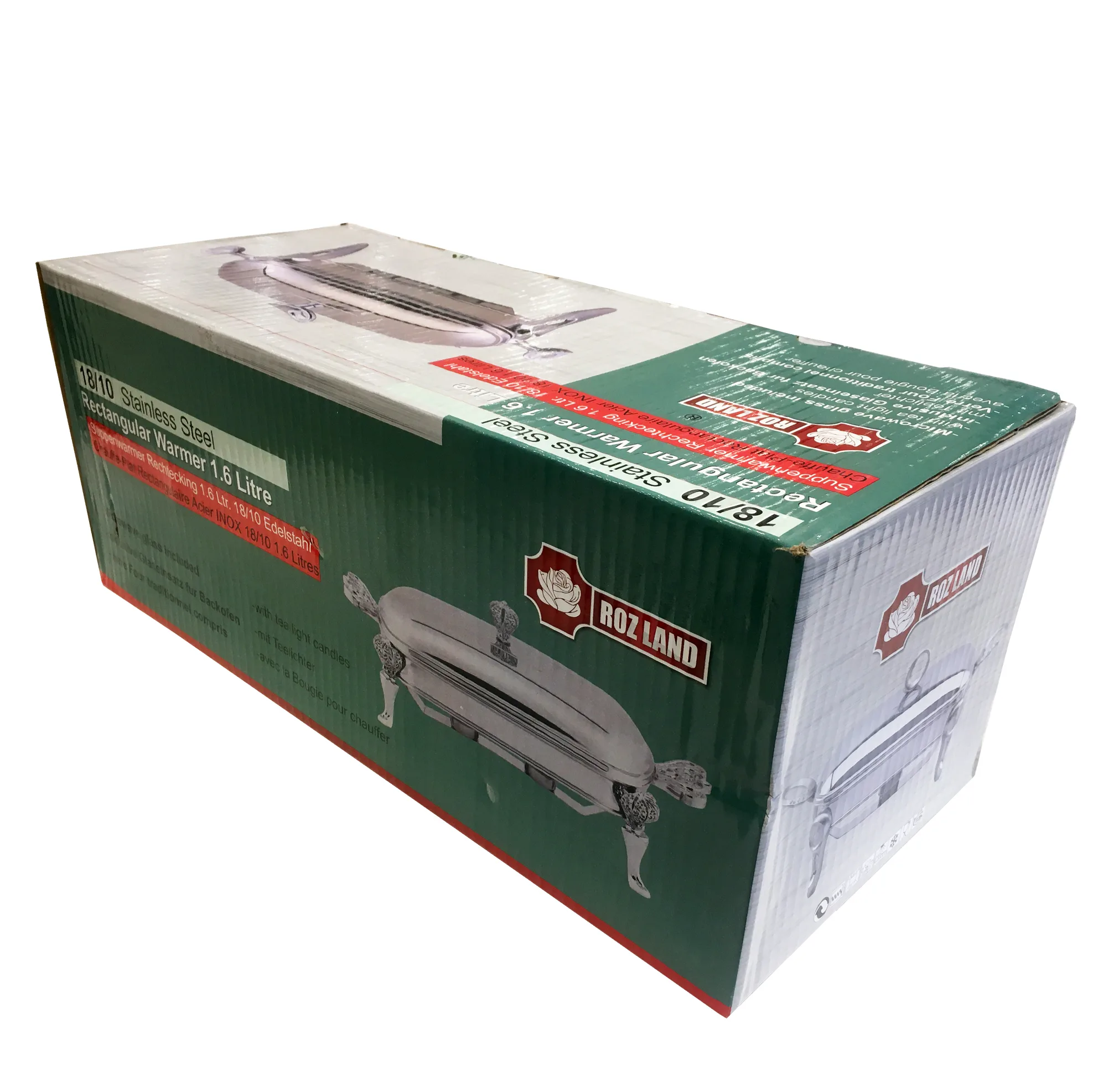 ظرف سوفله مستطیل ظرفیت 1.6 لیتر، بدنه و در استیل ضدزنگ 18/10، دارای یک جای وارمر، ابعاد داخلی 25×16×5 سانتیمتر، مناسب شستشو با دست و ماشین ظرفشویی