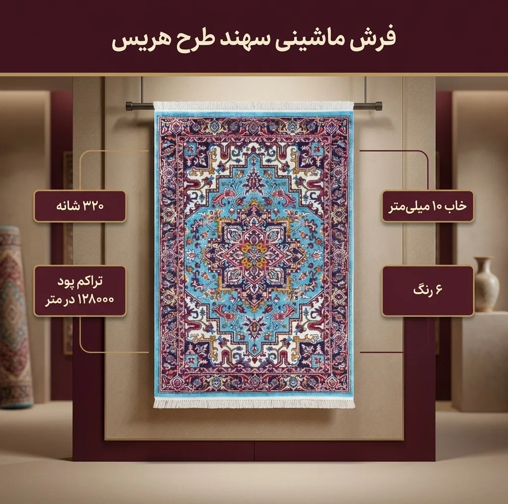 فرش ماشینی سهند طرح هریس کد P648.QJ زمینه فیروزه ای
