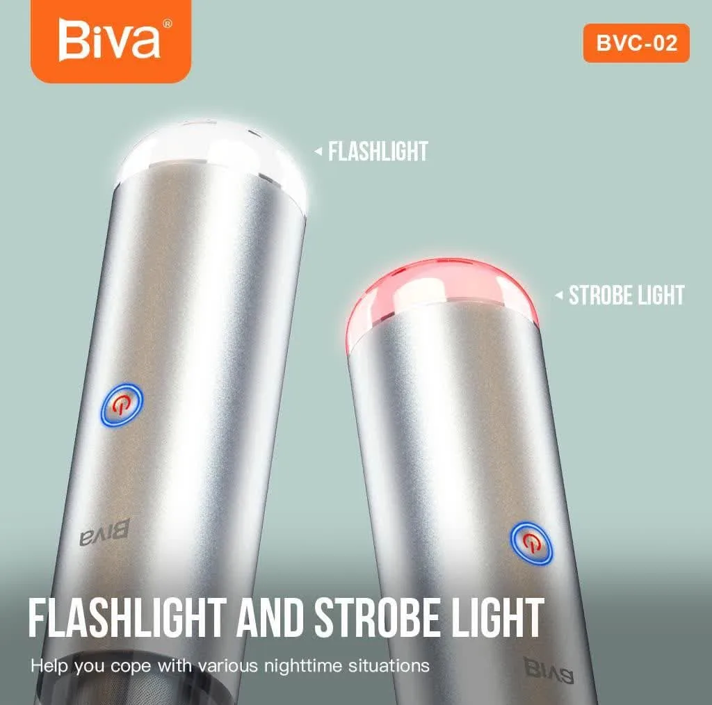 جارو شارژی خودرو بیوا مدل BVC-02s با توان مکش 120 AirWatt، باتری 2200mAh، ظرفیت مخزن 200ml، چراغ قوه و چراغ چشمکزن هشدار، شارژدهی سریع و طراحی جمعوجور مناسب تمیزکاری داخل خودرو و مبلمان