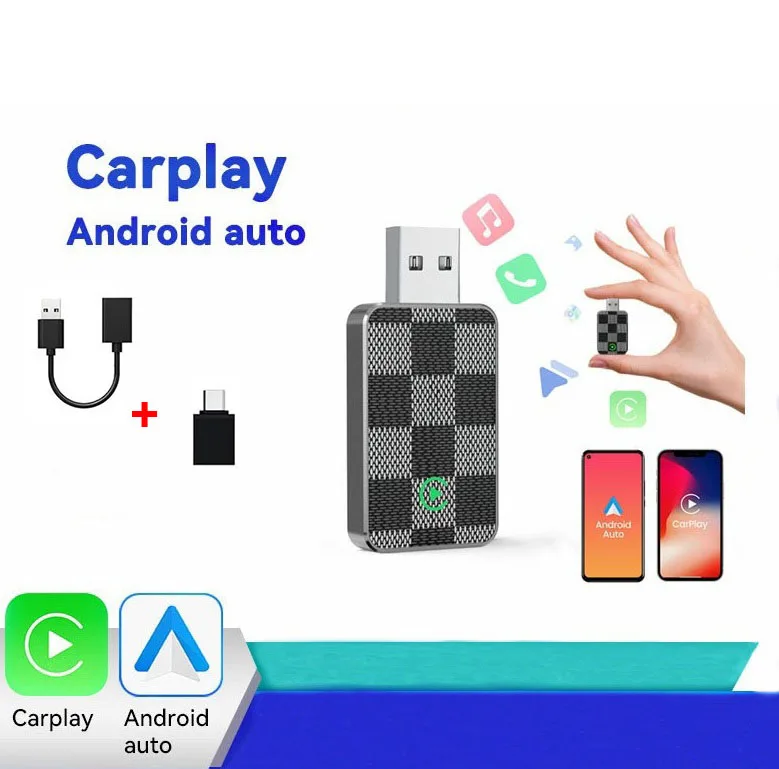 کارپلی و اندروید اتو مدل Wireless CarPlay/Android Auto به همراه مبدل USB به USB-C و کابل افزایش طول USB