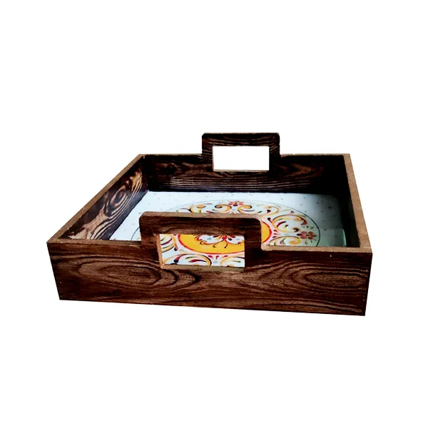 سینی دسته دار مدل چوبی رزین کد 2210 سایز 25*25 سانتی متر