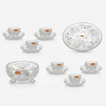 سرویس پذیرایی کریستال تراش دست‌خورشیدی دکو بوهمیا مدل Star Galaxy کد 7001، 14 پارچه، مناسب شستشو با دست و ماشین ظرفشویی، شامل 6 پیاله، 6 پیش‌دستی، کاسه آجیل سه‌پایه با قطر 20 سانتی‌متر، شیرینی‌خوری سه‌پایه با قطر 30 سانتی‌متر