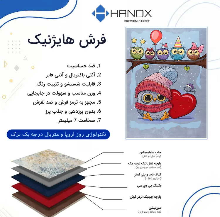 فرش ماشینی 1000 شانه زمینه آبی حاشیه قرمز هانوکس مدل کودک کد HAK.805.01