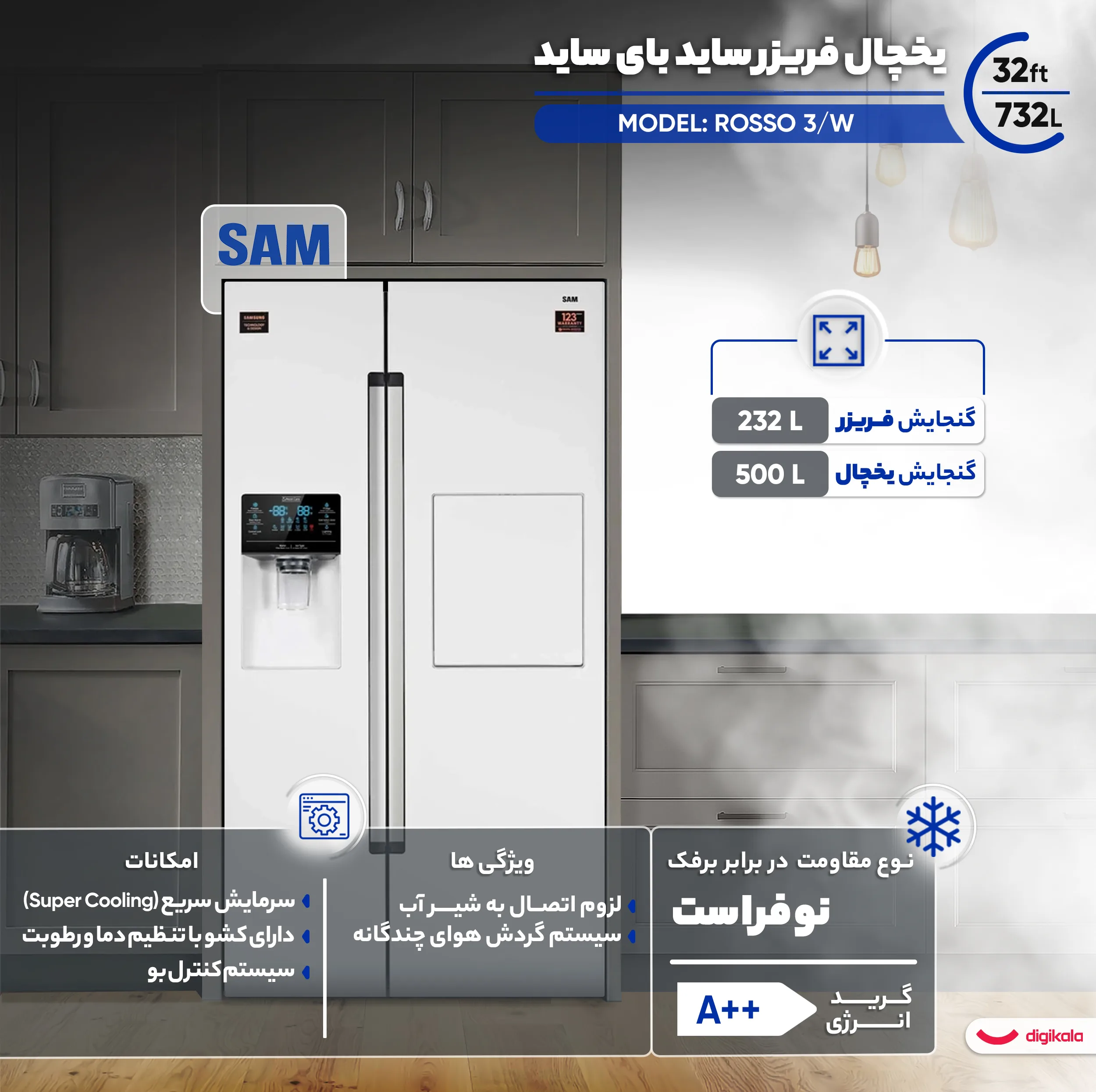 یخچال فریزر ساید بای ساید 32 فوت سام مدل ROSSO 3/W