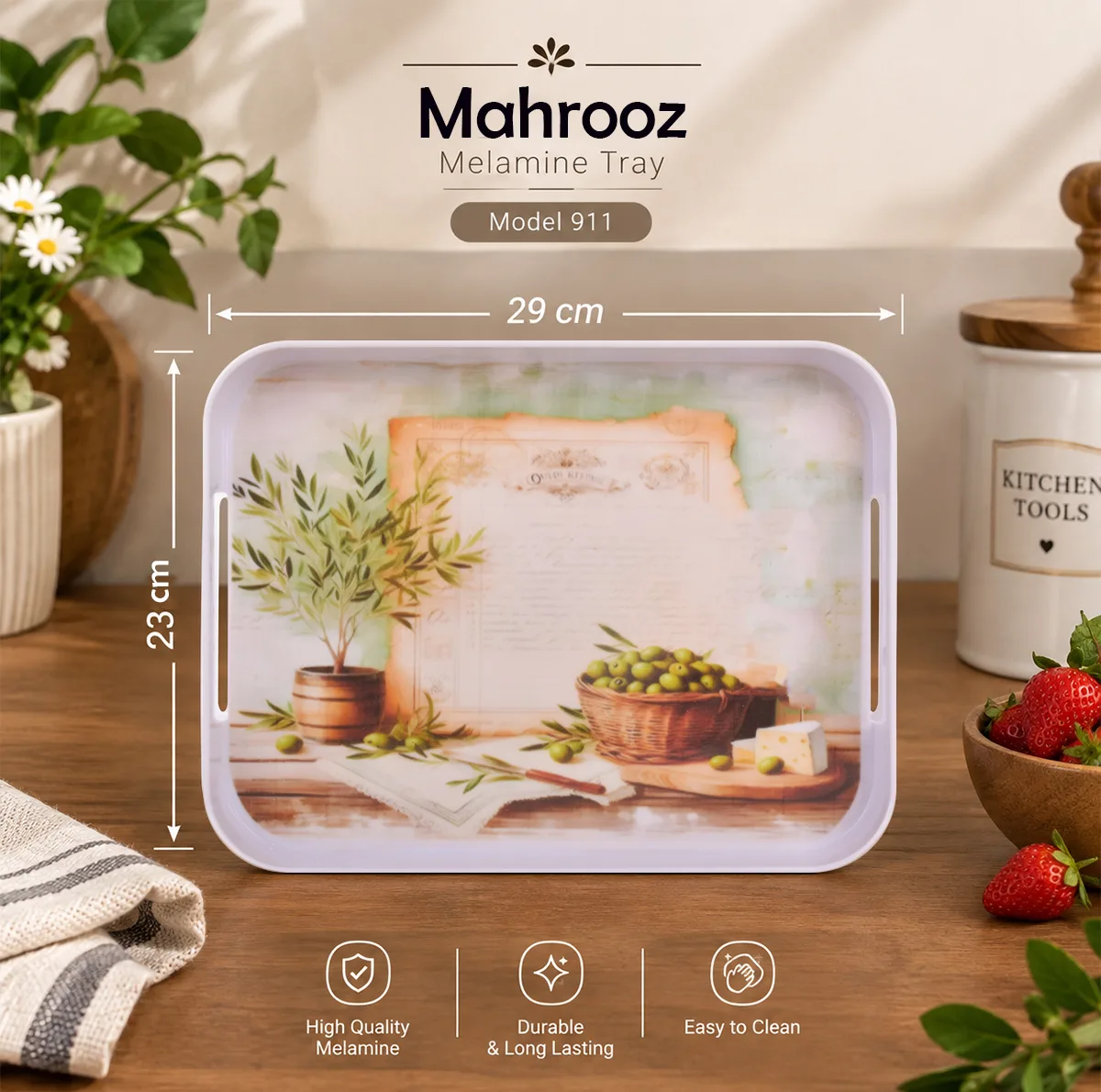 سینی دسته دار مهروز مدل 911 زیتون سایز 23×29 سانتی متر