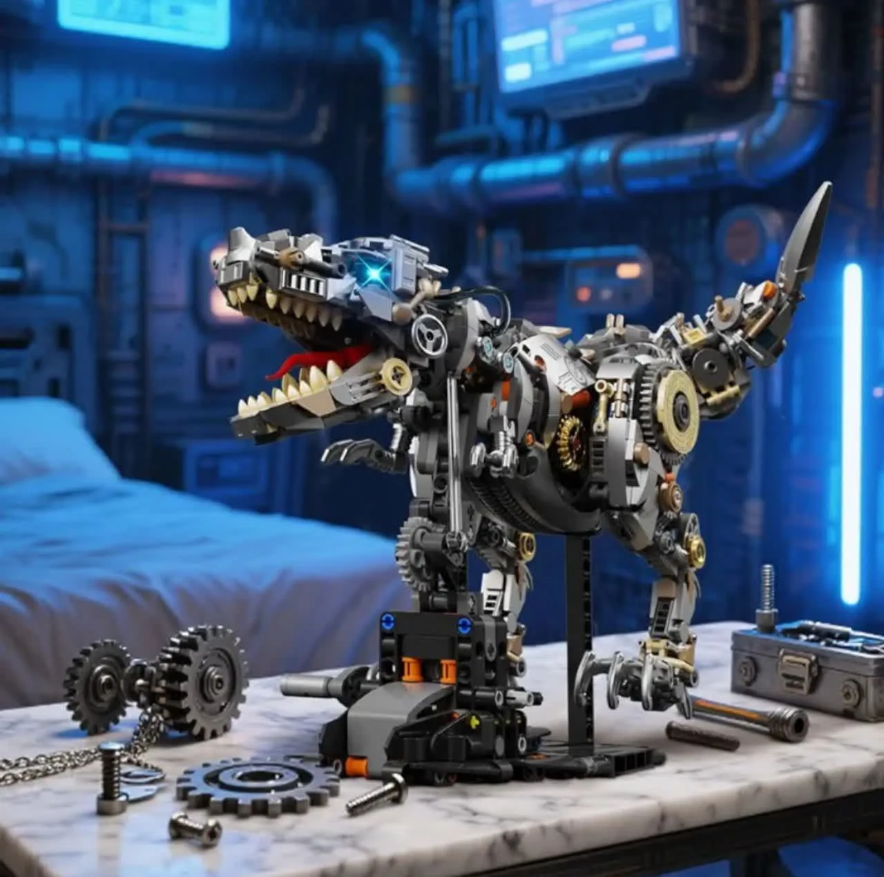 ساختنی 1268 تکه ناب سل مدل دایناسور تیرانوسوروس چراغدار به همراه پایه کد1268PCS DINOSAURS MECHANICAL NO13087