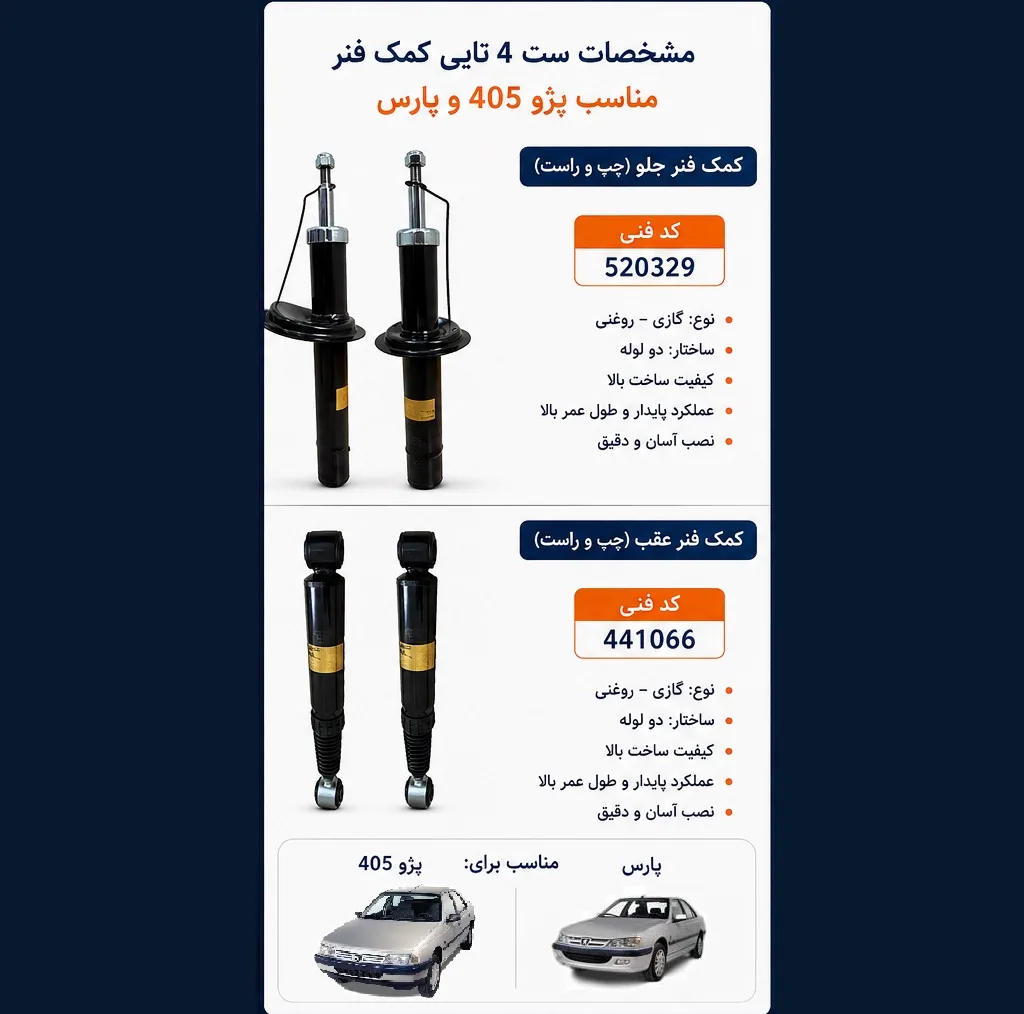 کمک فنر جلو و عقب استاندارد جی مدل 2x2 مناسب برای پژو 405 و پارس بسته 4 عددی