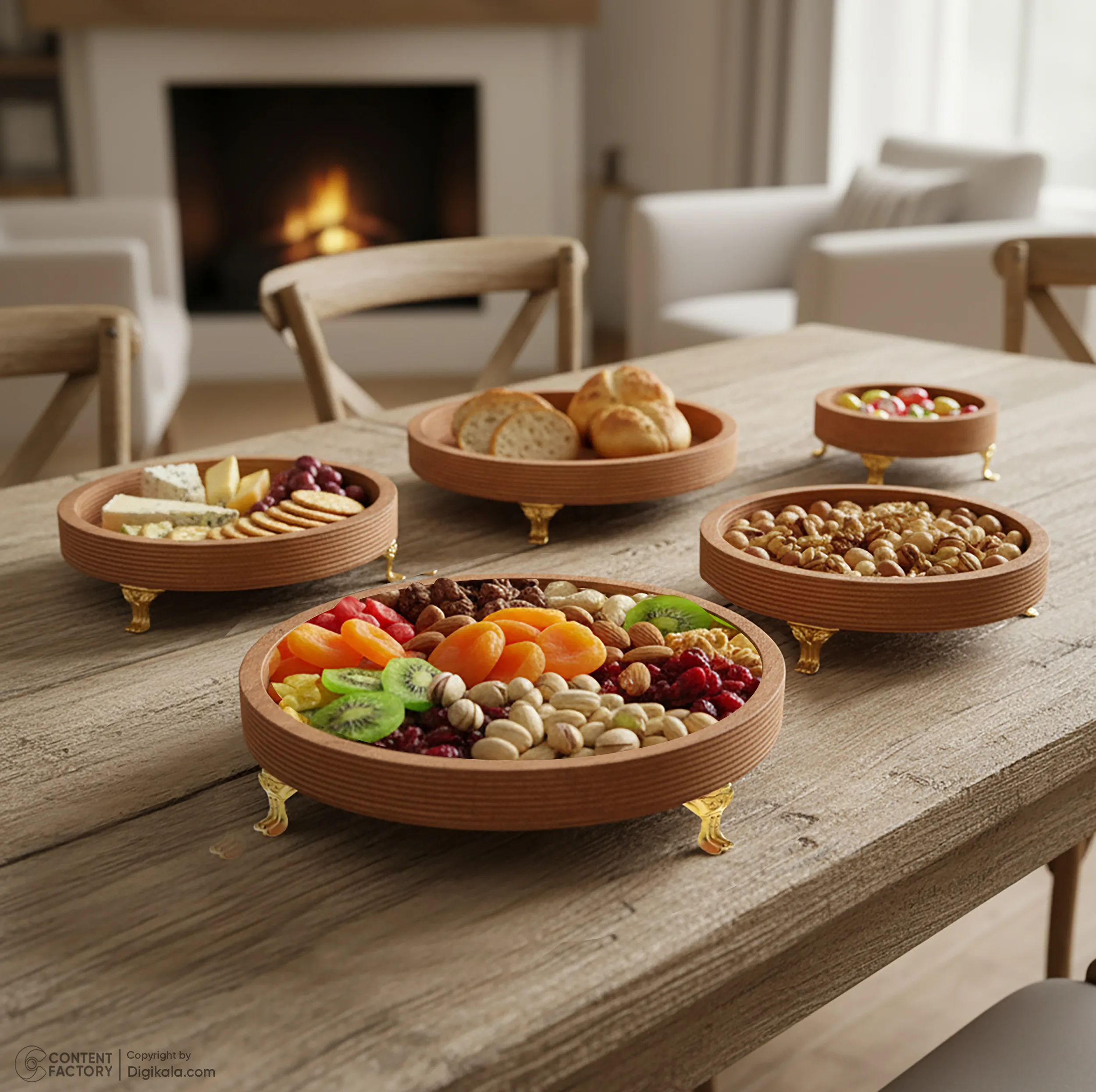 مجموعه 5 عددی ظروف سرو چوبی پایهدار طرح گرد، مناسب آجیلخوری، میوهخوری و اردوخوری، ارتفاع 5.5 سانتیمتر، غیرقابل شستوشو، ساخت ایران