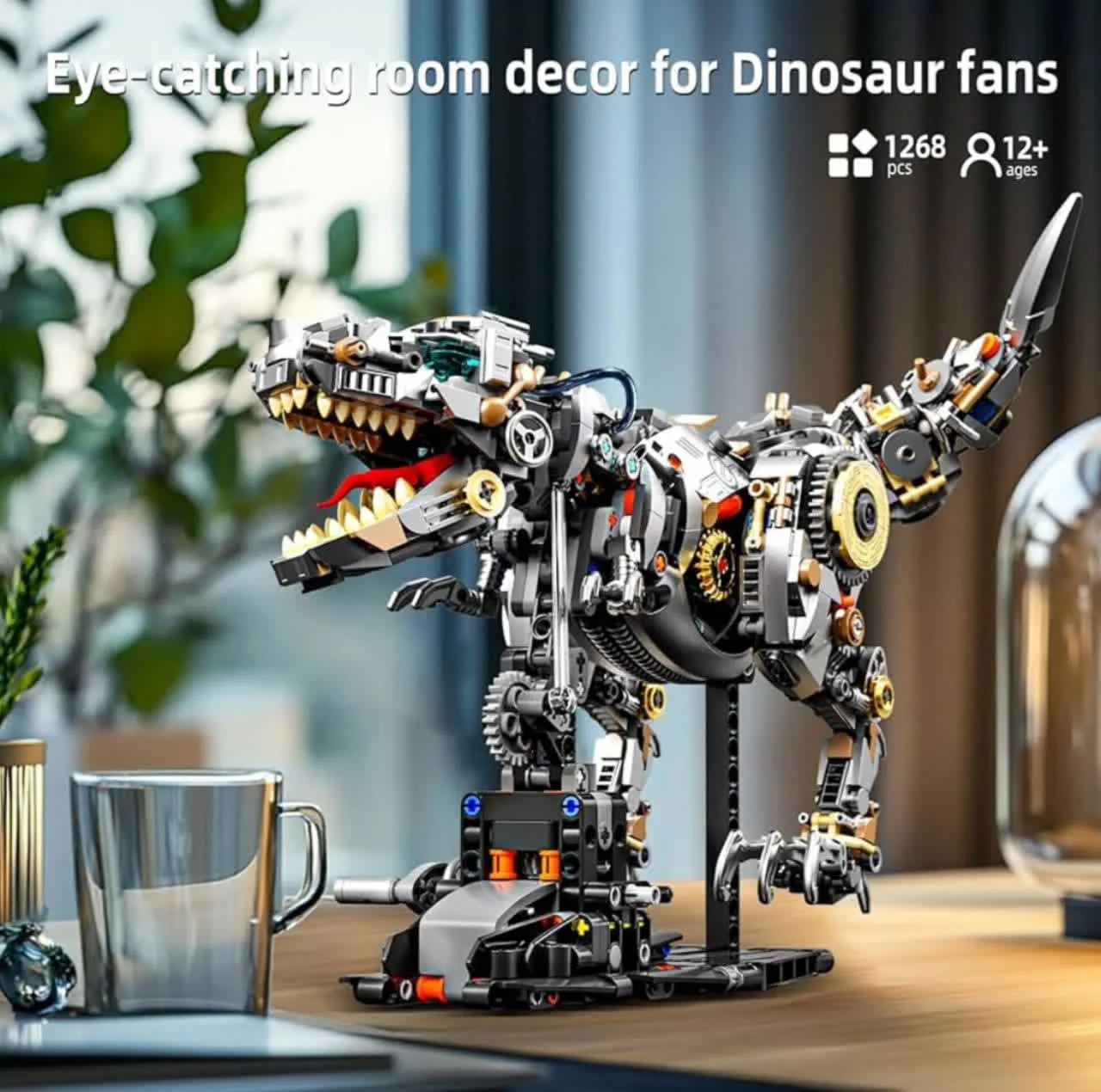 ساختنی 1268 تکه ناب سل مدل دایناسور تیرانوسوروس چراغدار به همراه پایه کد1268PCS DINOSAURS MECHANICAL NO13087