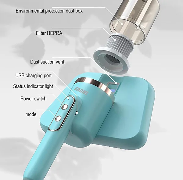 جارو شارژی تخت خواب MDHL مدل UV با مکش قوی، نور UV ضدعفونیکننده، فیلتر HEPA سهگانه، 2 سرعت و باتری شارژی 1200mAh