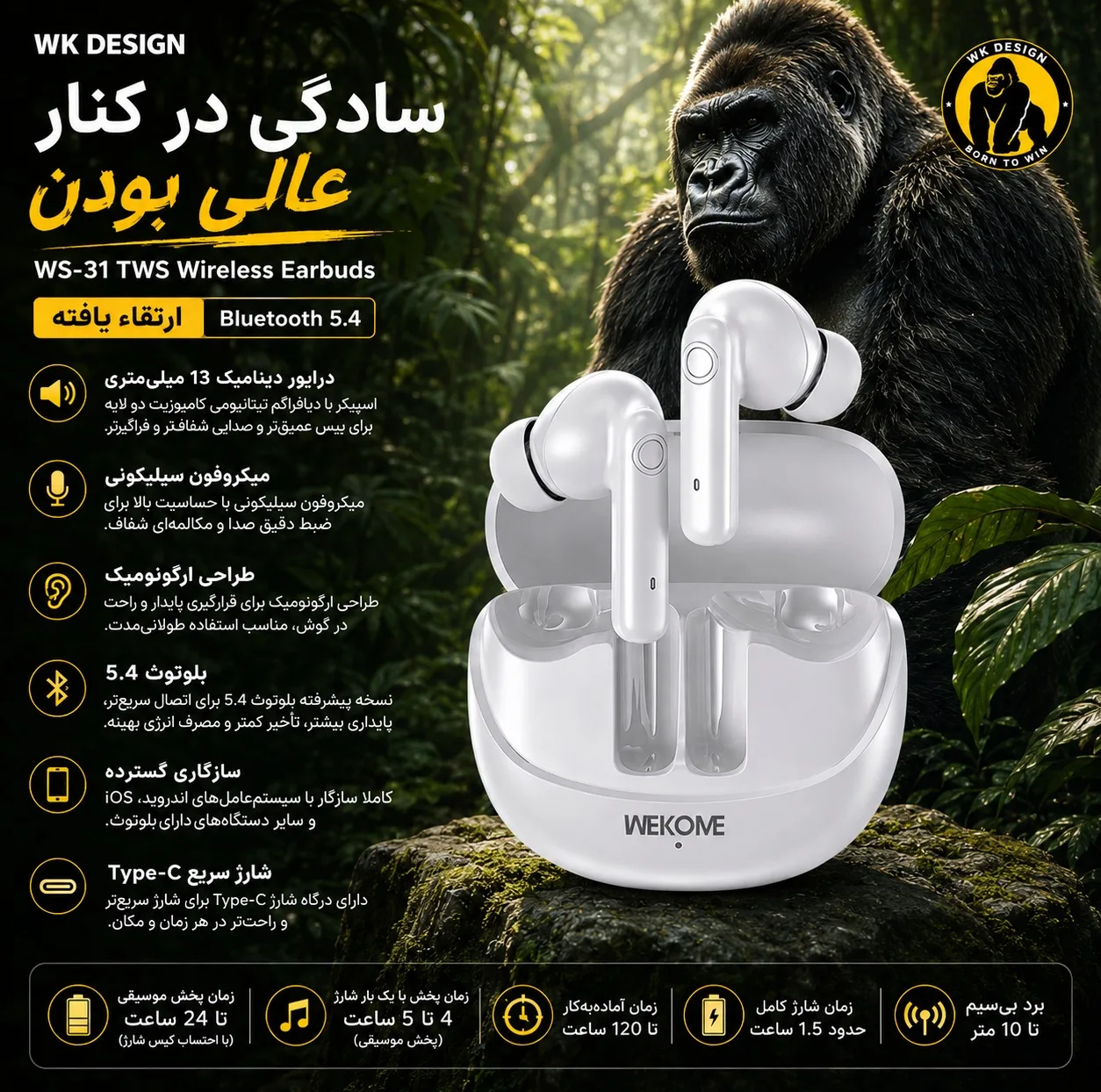 هدفون بلوتوثی دبلیو کی دیزاین مدل KIN30KONG