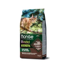 غذای خشک گربه بالغ مونژ مدل Monge BWild Grain Free All Life Stage طعم گوشت بوفالو، سیب زمینی و عدس وزن 1.5 کیلوگرم