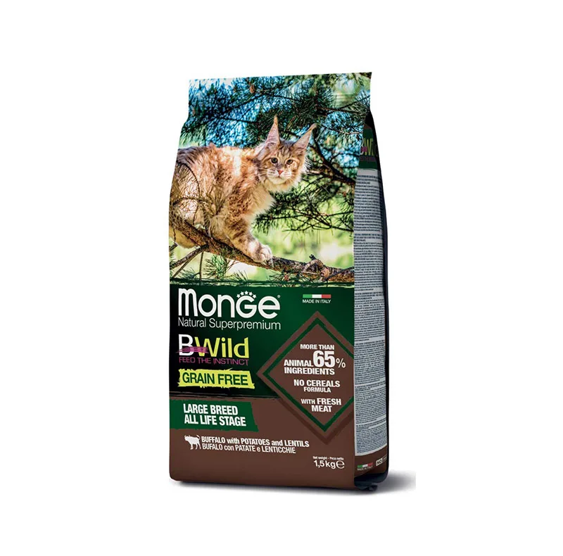 غذای خشک گربه بالغ مونژ مدل Monge BWild Grain Free All Life Stage طعم گوشت بوفالو، سیب زمینی و عدس وزن 1.5 کیلوگرم
