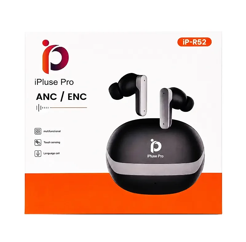 هندزفری بلوتوثی توگوشی دو گوشی آی پلاس پرو مدل iP-R52 با نویز کنسلینگ میکروفون ENC، بلوتوث 6، درگاه شارژ USB Type-C و نشانگر LED