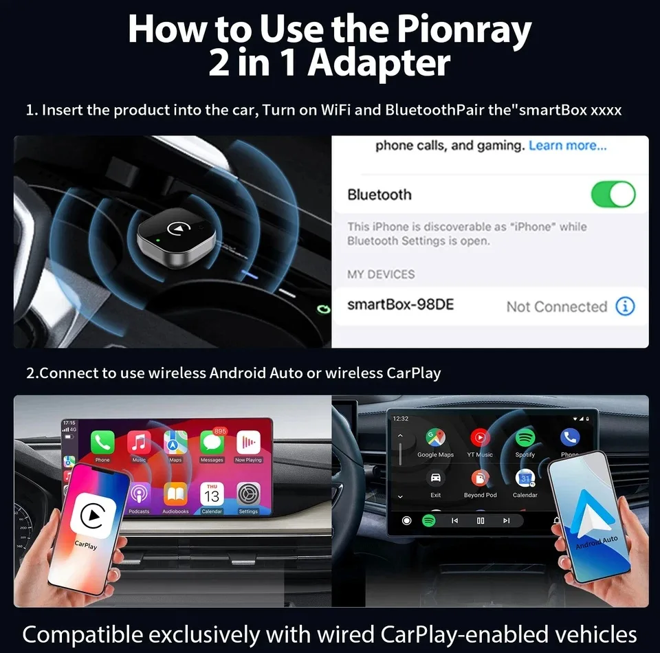کارپلی و اندروید اتو مدل CP/AA-Wifi Box به همراه مبدل USB به USB-C و مبدل USB