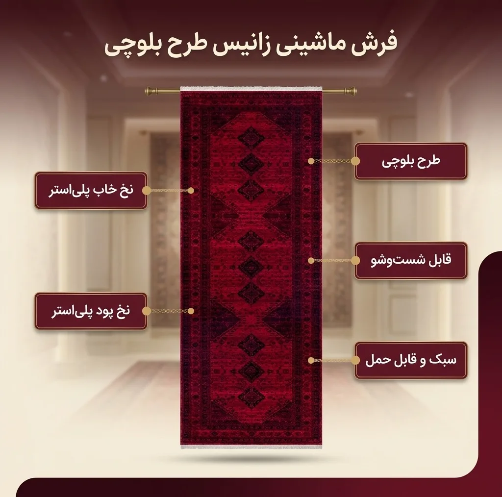فرش ماشینی زانیس مدل کناره سنتی طرح بلوچی زمینه قرمز لاکی