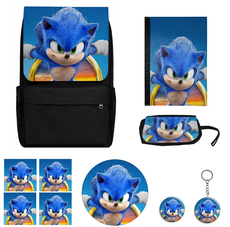 کوله پشتی مدرسه مدل انیمیشن سونیک کد Sonic M1 همراه کلاسور و جامدادی و زیر لیوانی و جاکلیدی مجموعه 10 عددی