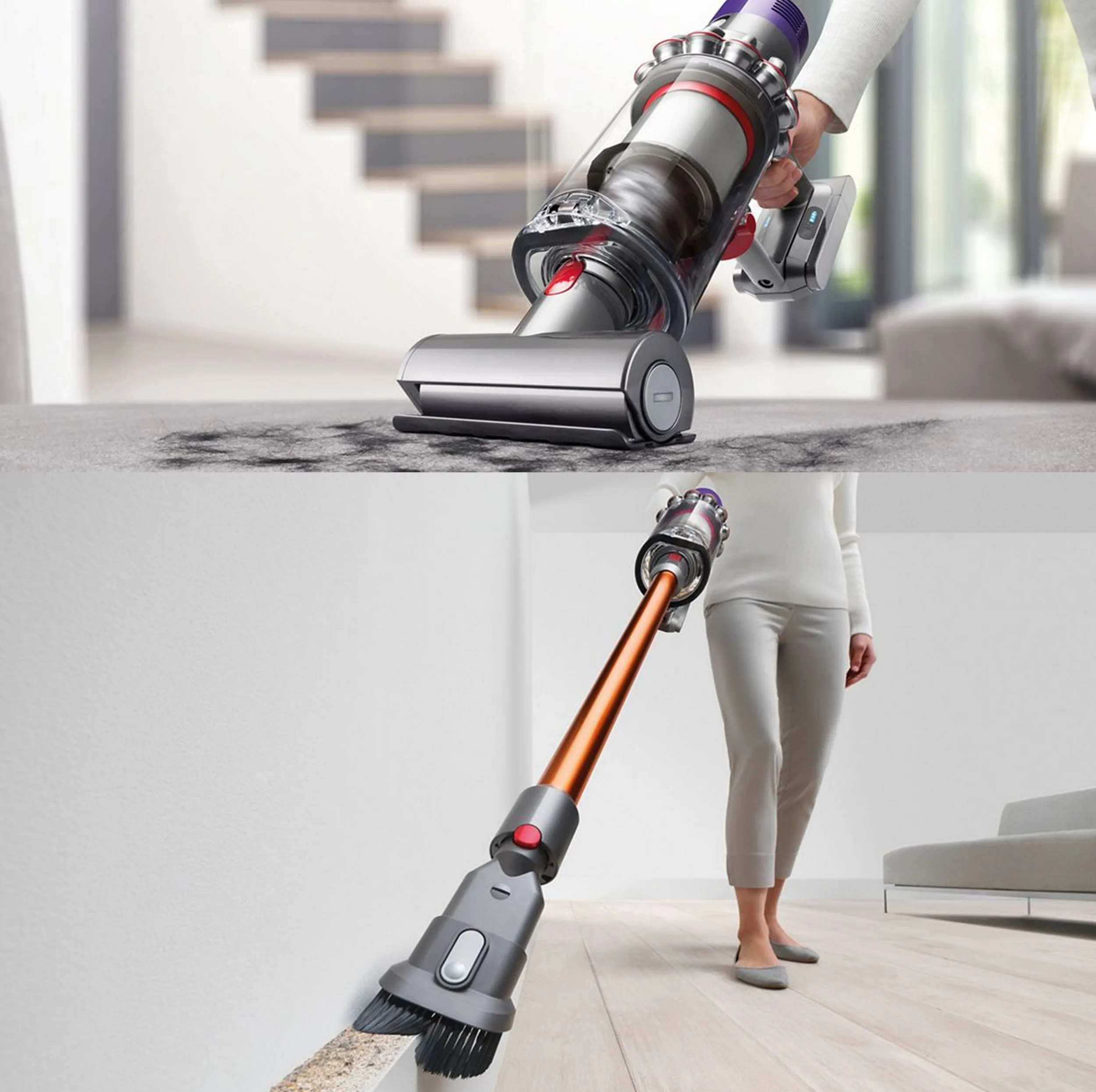 جارو شارژی عصایی دایسون مدل V10 Absolute با باتری لیتیوم‌یونی، فیلتر HEPA و 2 سری نظافتی Motorbar و Soft roller