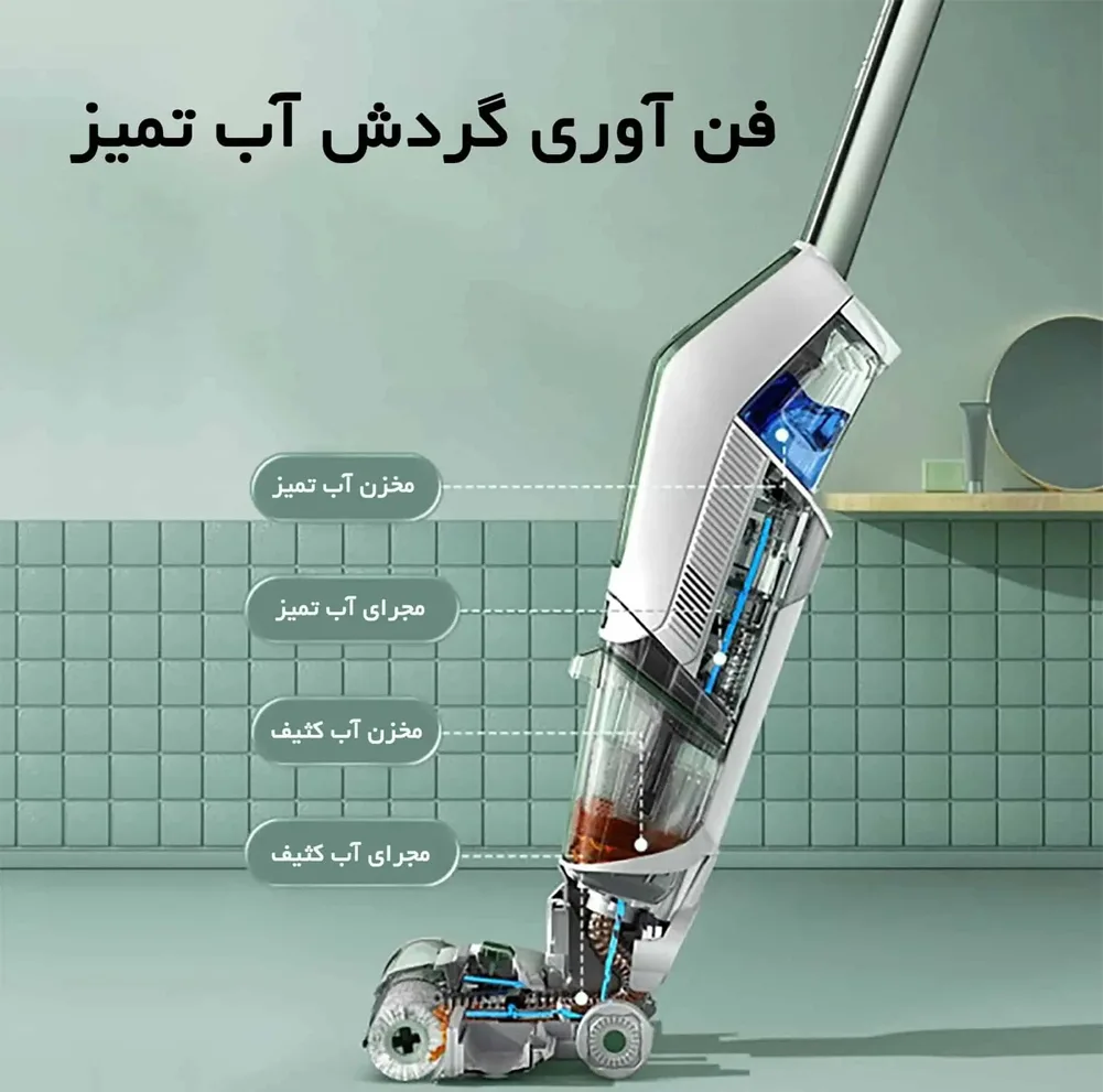 جارو شارژی عصایی بیسل مدل CrossWave X7 Plus Cordless 3401Z با باتری لیتیومی 3000mAh، موتور 250 وات، مکش و شستوشوی همزمان سطوح سخت مانند سرامیک، لمینت و پارکت، وزن 4.5 کیلوگرم و صدای کم 75 دسیبل