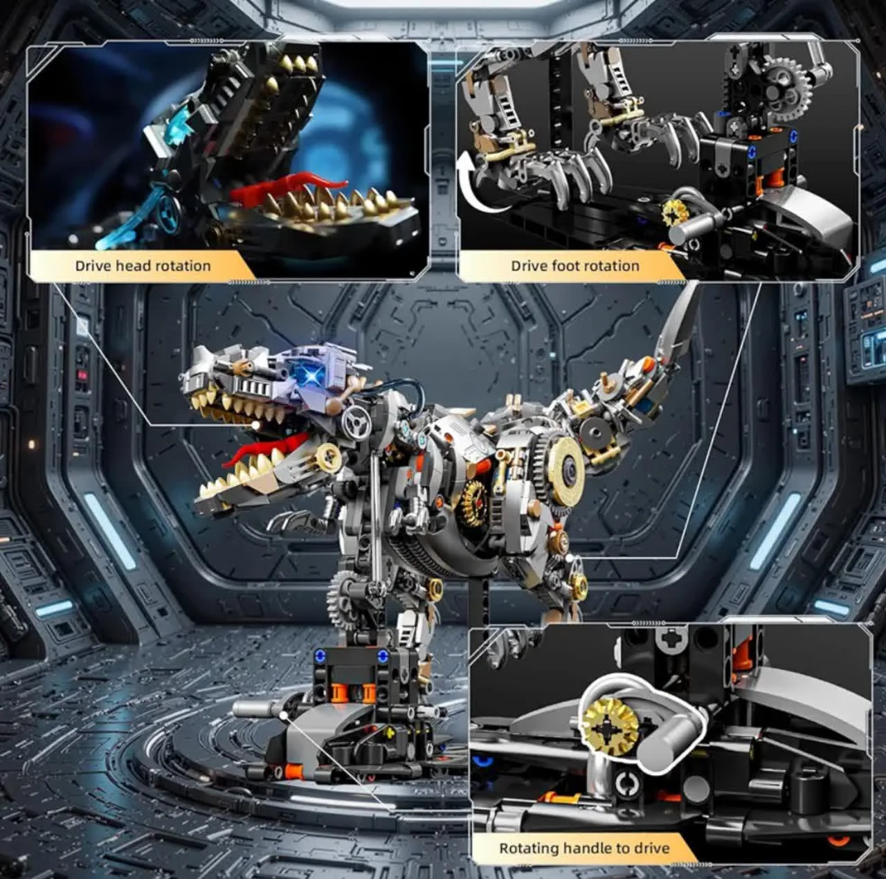 ساختنی 1268 تکه ناب سل مدل دایناسور تیرانوسوروس چراغدار به همراه پایه کد1268PCS DINOSAURS MECHANICAL NO13087