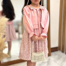 ست لباس دخترانه کت و سارافون کتان مدل گلدار دلوان