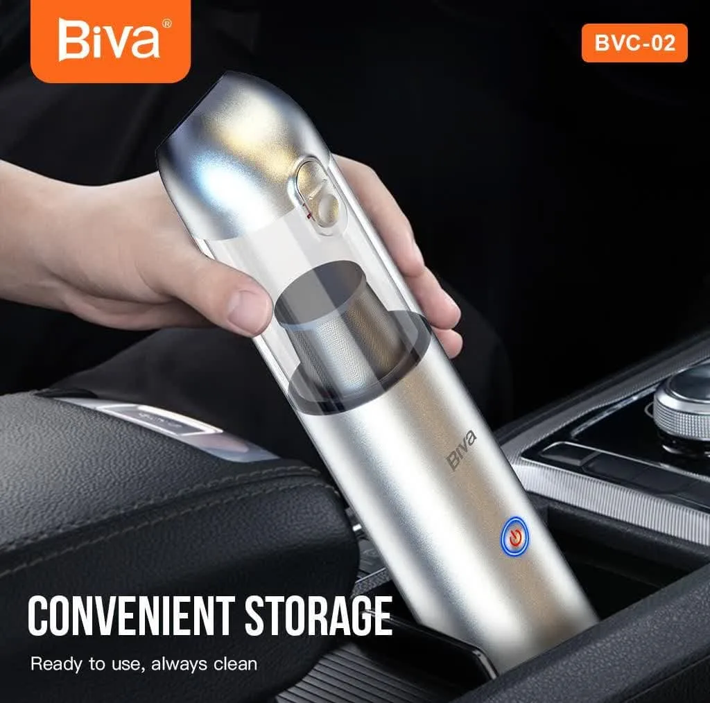 جارو شارژی خودرو بیوا مدل BVC-02s با توان مکش 120 AirWatt، باتری 2200mAh، ظرفیت مخزن 200ml، چراغ قوه و چراغ چشمکزن هشدار، شارژدهی سریع و طراحی جمعوجور مناسب تمیزکاری داخل خودرو و مبلمان
