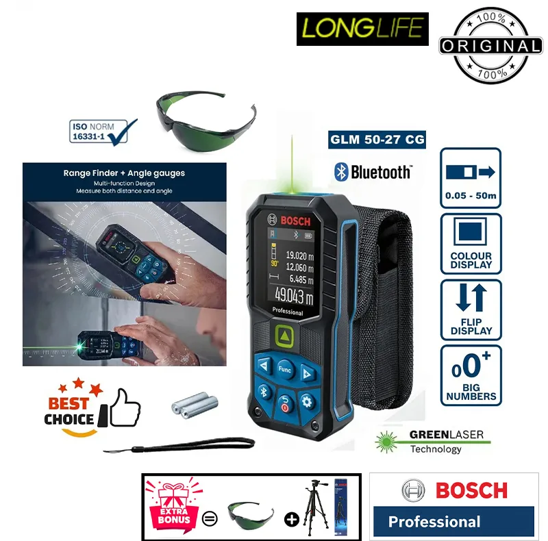 متر لیزری بوش مدل لیزر سبز فوق حرفه ای GLM 50-27 CG professional + BT150 + Green Glass Laser برد 50 متر