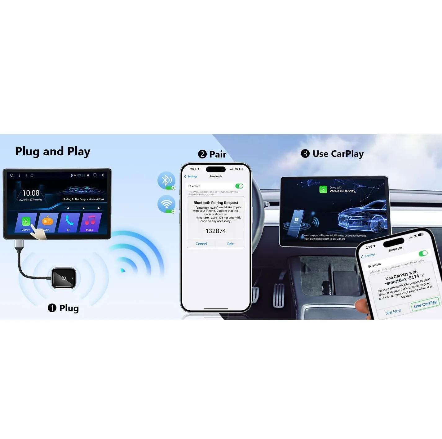 کارپلی و اندروید اتو مدلwireless Carplay/Android Auto به همراه مبدل USB به Type-C