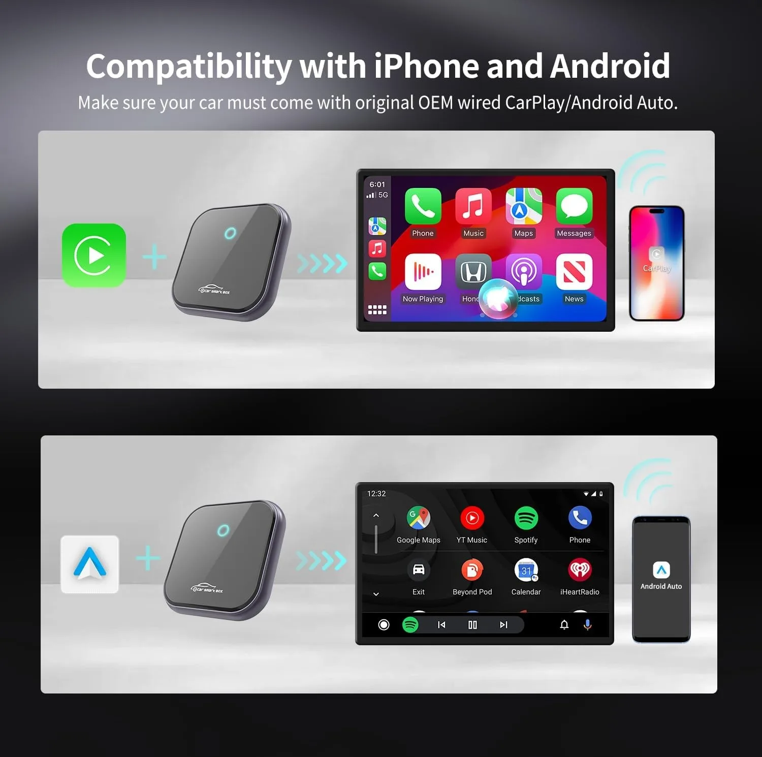 کارپلی و اندروید اتو مدل 2in1 wireless adapter به همراه کابل USB به USB-C و کابل USB-C