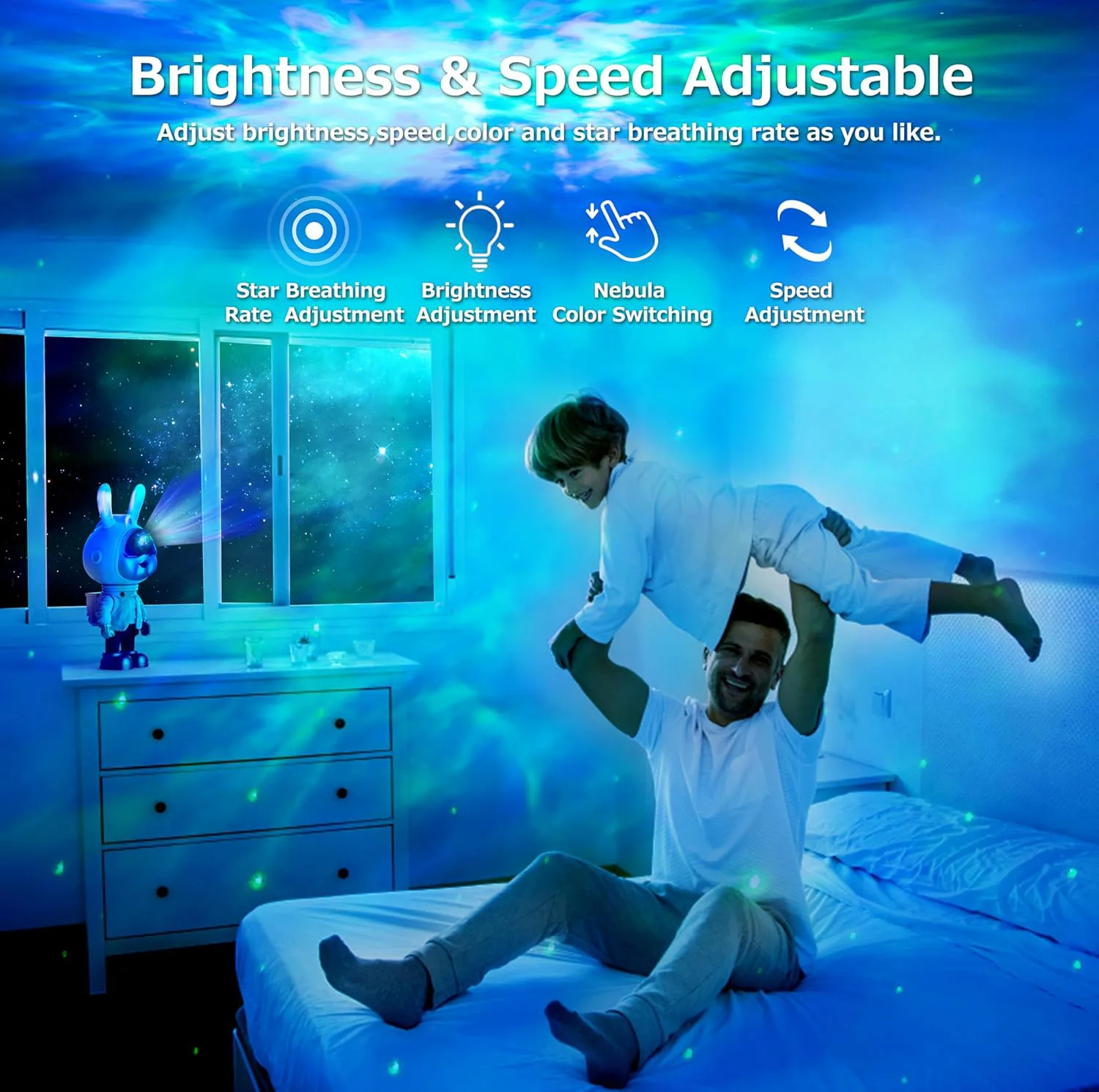 چراغ خواب رومیزی مدل galaxy nightlight projector خرگوش فضانورد با نور کهکشانی