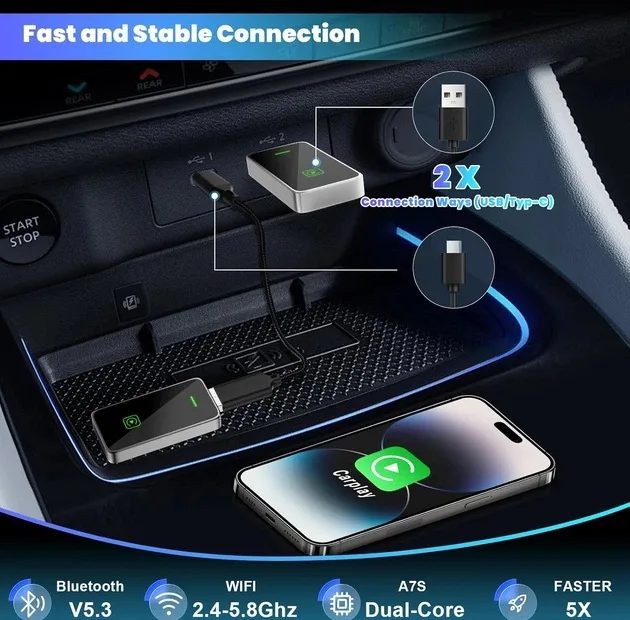 کارپلی و اندروید اتو مدل Wireless P7794 Carplay/Android Auto به همراه مبدل USB به USB-C