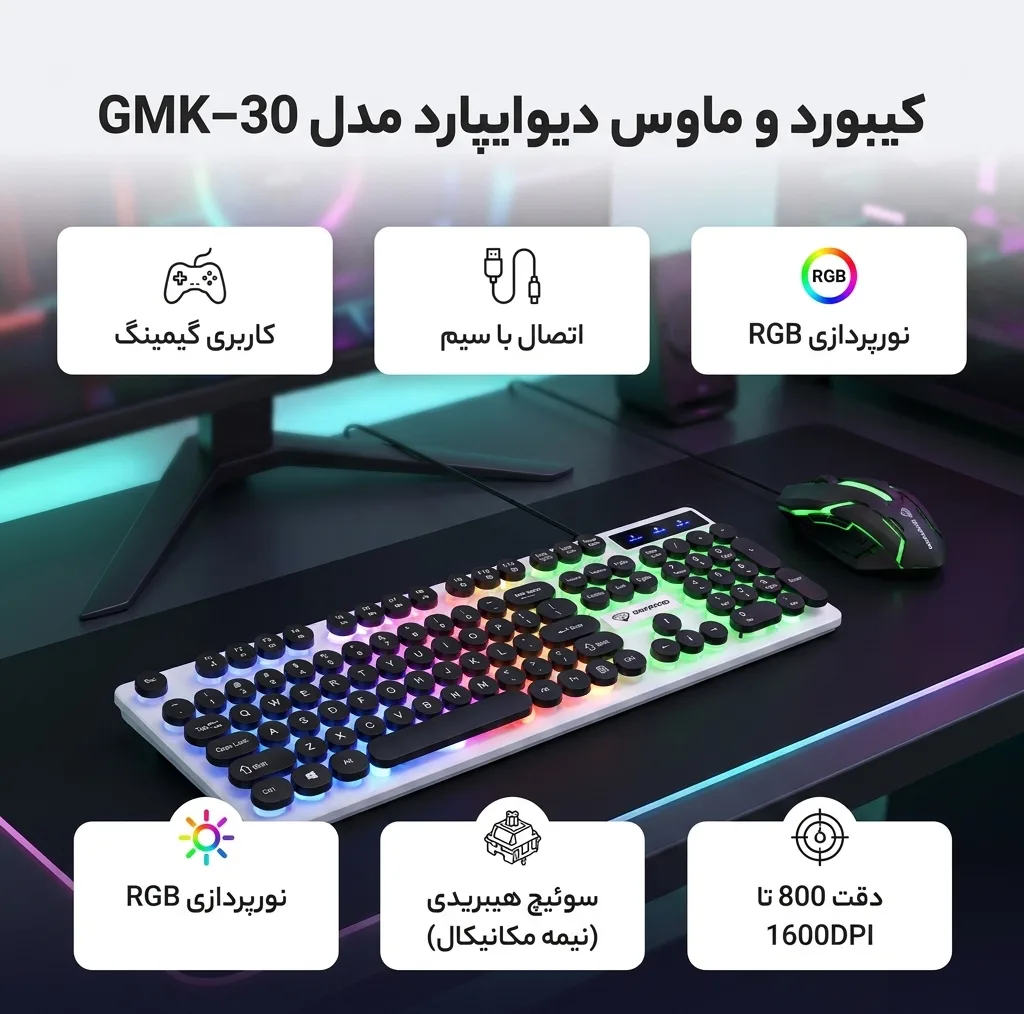 کیبورد و ماوس گیمینگ دیوایپارد مدل GMK-30