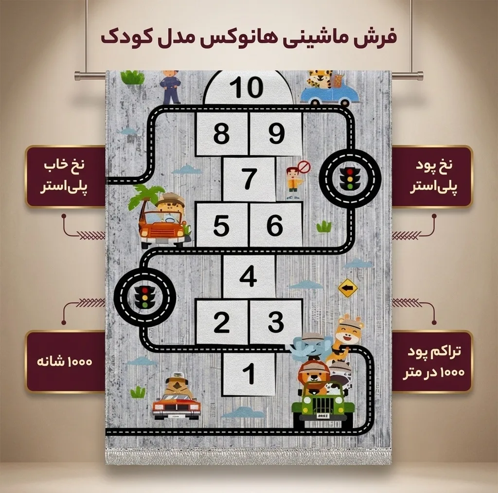فرش ماشینی 1000 شانه هانوکس زمینه طوسی حاشیه آبی مدل کودک کد U300