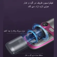 جارو شارژی دستی بی‌سیم مدل YD-828 با ظرفیت مخزن 150 میلی‌لیتر، باتری 1500 میلی‌آمپر ساعت، دو سرعت قابل تنظیم، نور آبی ضدحشره، صفحه نمایش نشانگر و فیلتر قابل شست‌وشو