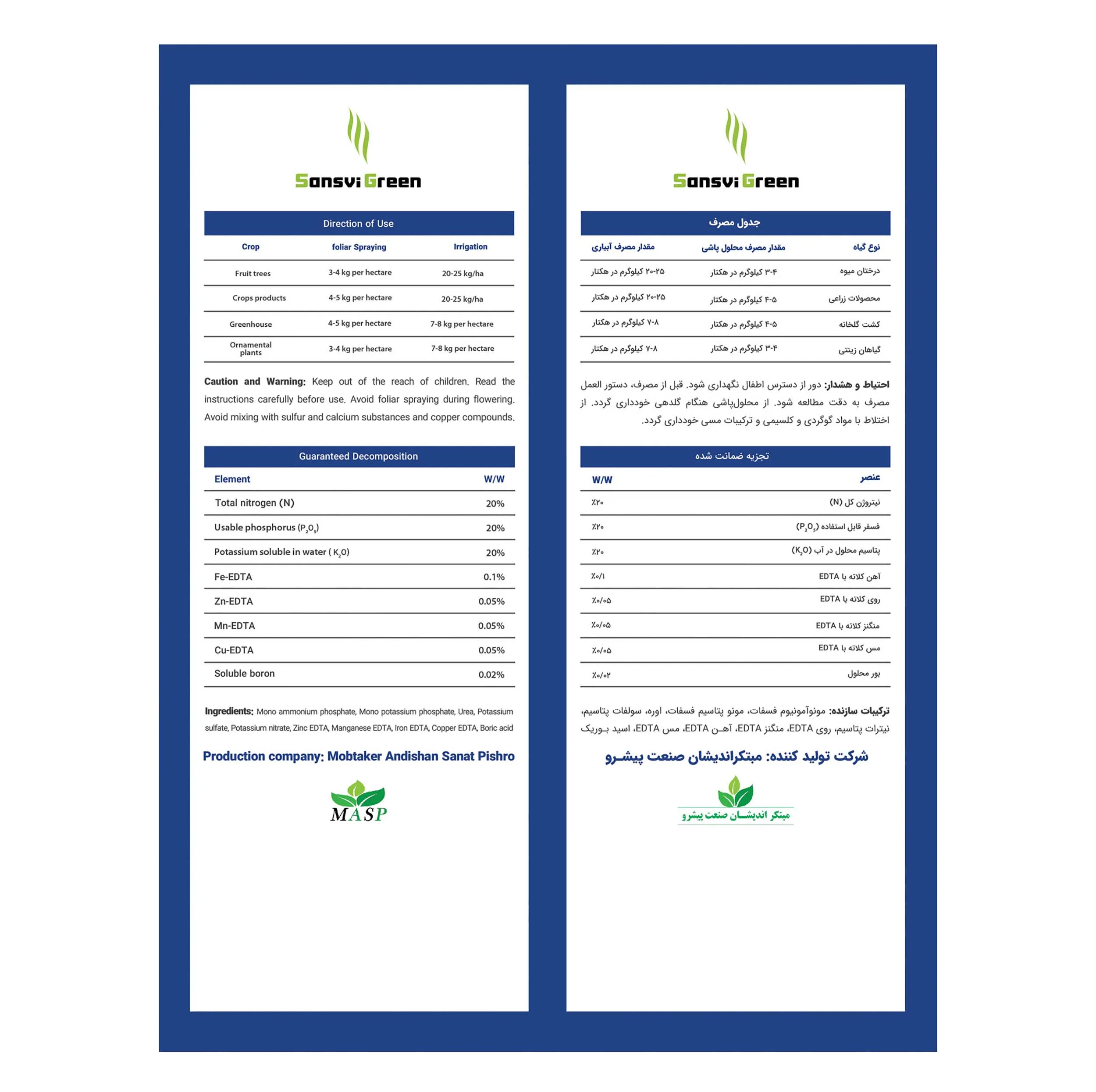 کود سانسوی گرین مدل پودری کد 20 20 20 وزن یک کیلوگرم