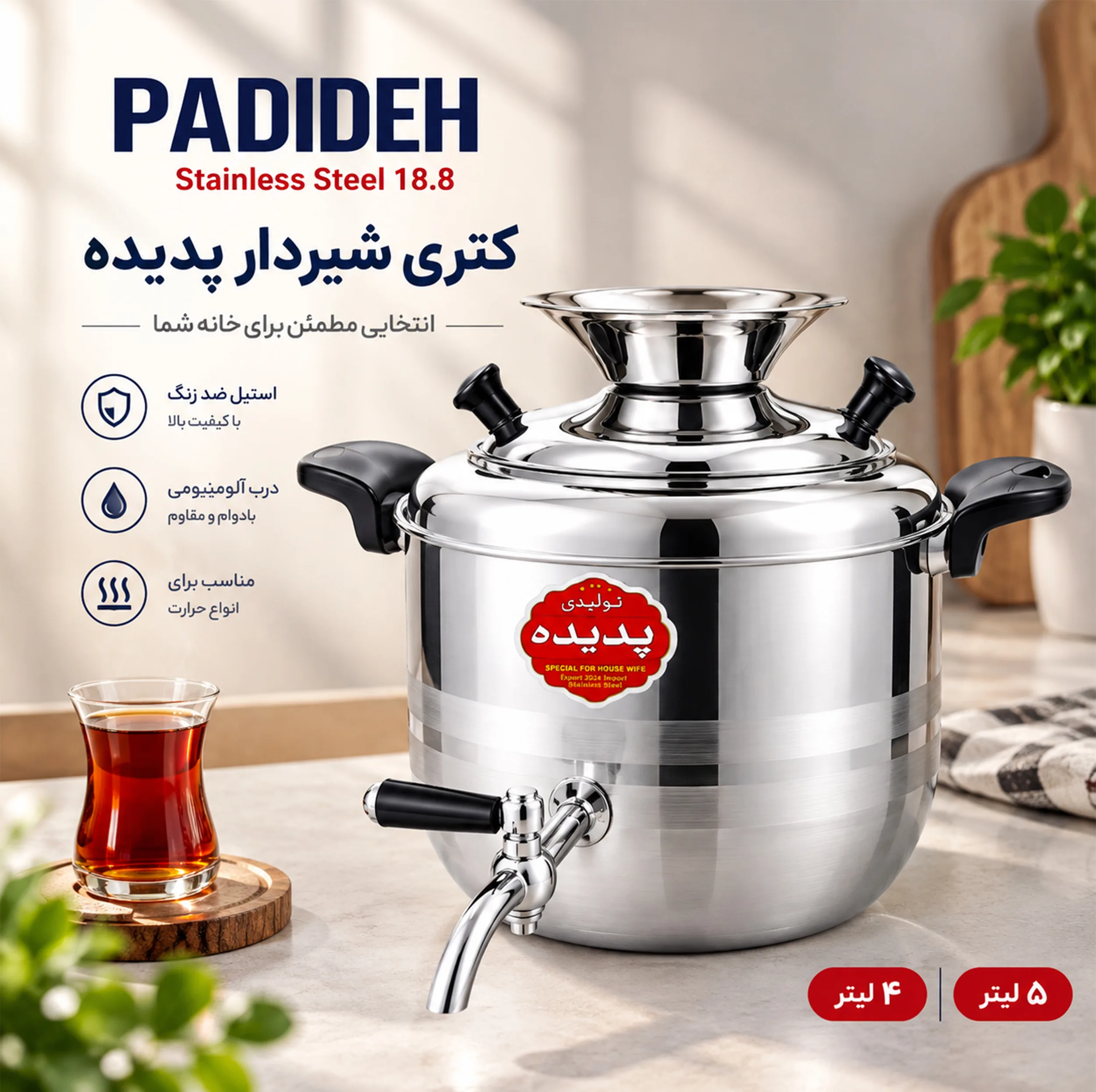 کتری پدیده مدل استیل شیردار گنجایش 4 لیتر