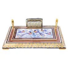 قلمدان خاتم کاری چوبی صنایع دستی فاخر مدل اداری طرح گل و مرغ برجسته کد Bl30p20-4f4