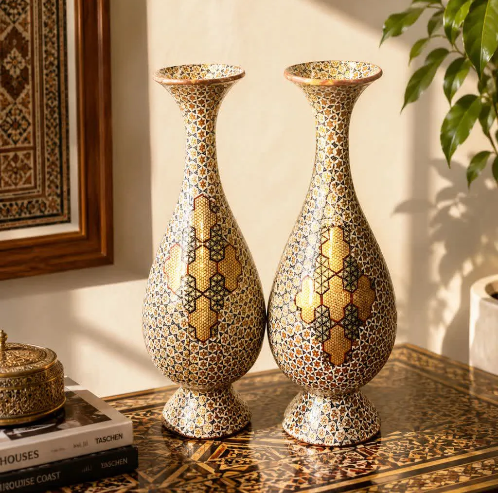 گلدان خاتم کاری مسی صنایع دستی فاخر مدل صراحی طرح پرسیم کد HQLight-Vase25p10 بسته 2 عددی