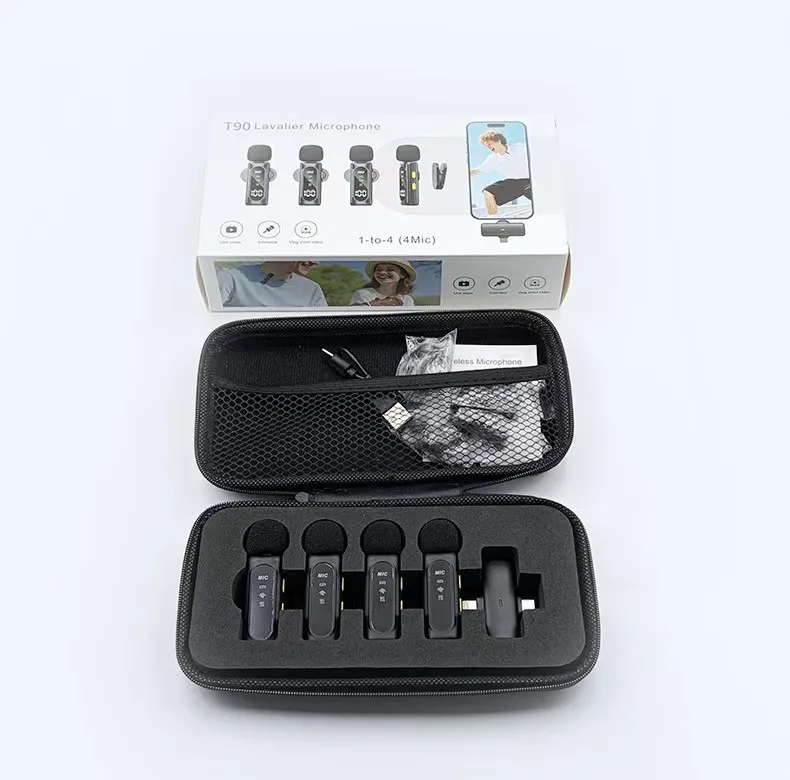 میکروفون حرفه‌ای بی‌سیم مدل T90 4MIC با درگاه تایپ سی و لایتنینگ و 4 میکروفون