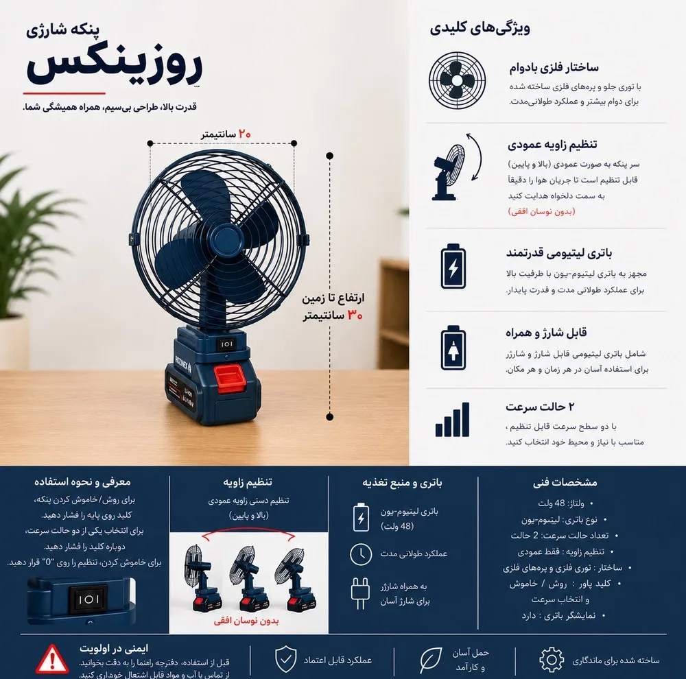 پنکه شارژی روزینکس مدل COOL SUMMER ظرفیت 2200 میلی آمپر