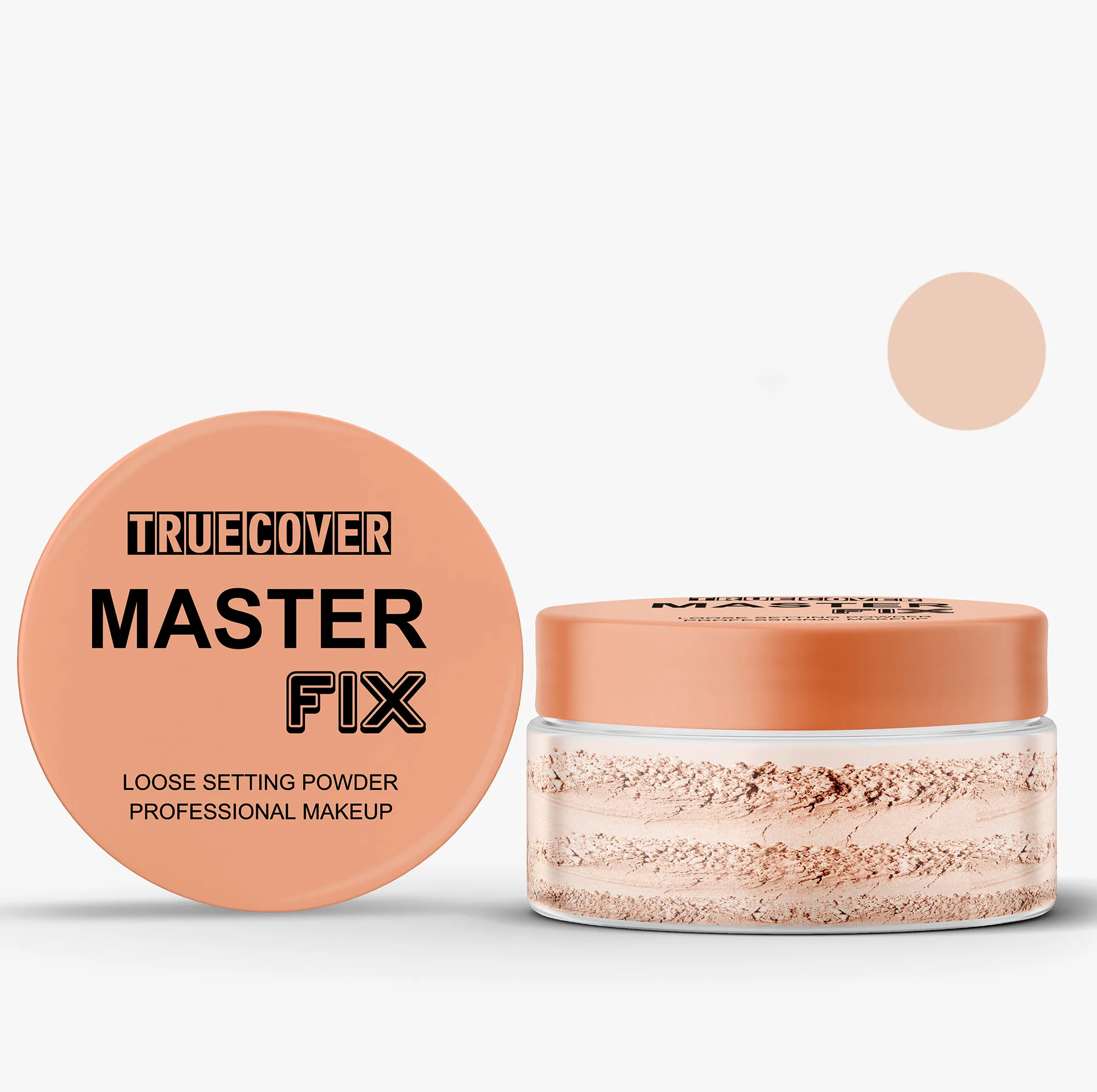 پودر فیکس تروکاور مدل master fix وزن 100 گرم، با جلوه رنگ نارنجی و مناسب پوستهای ترکیبی، پودر فیکس برای آرایشهای طولانیمدت