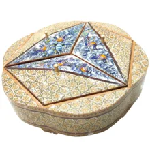 شکلات خوری خاتم کاری صنایع دستی فاخر مدل 3 درب طرح گل و مرغ برجسته کد Bl3d25