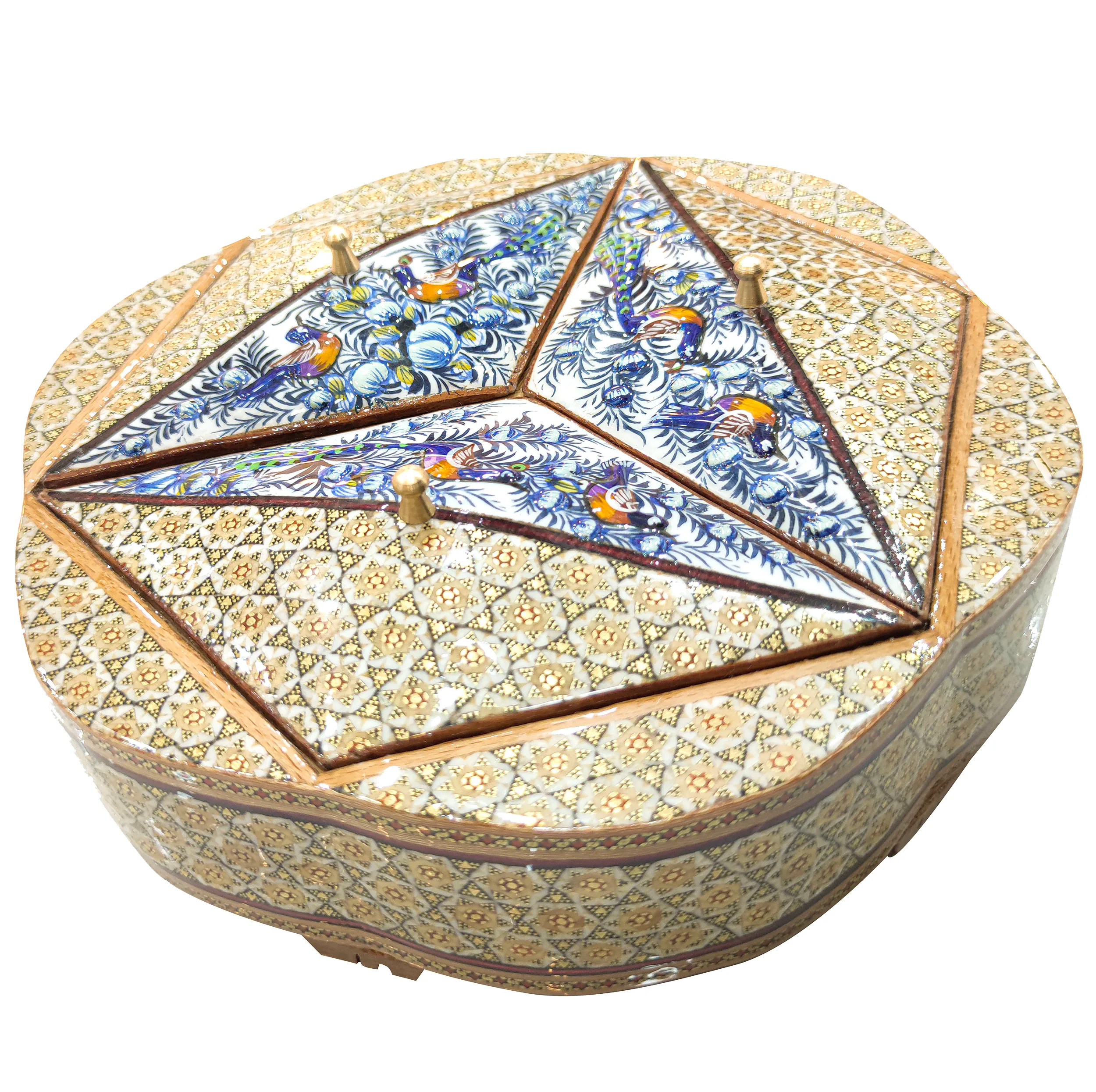 شکلات خوری خاتم کاری صنایع دستی فاخر مدل 3 درب طرح گل و مرغ برجسته کد Bl3d25