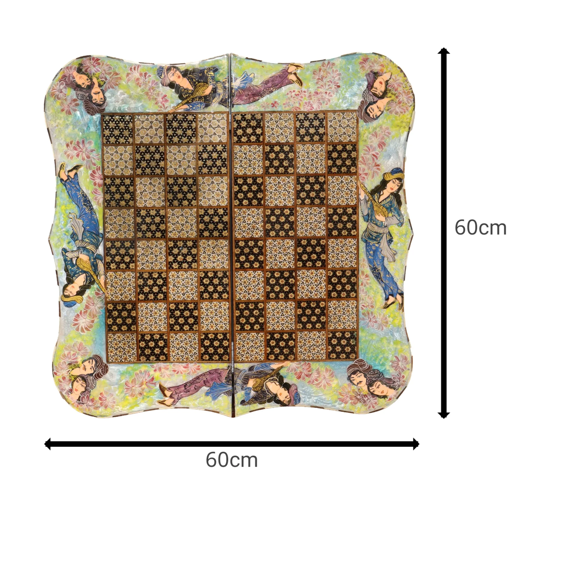 صفحه شطرنج خاتم کاری چوبی صنایع دستی فاخر مدل دو منظوره دالبری طرح دختر شاه پریان کد ChessBoard60p60