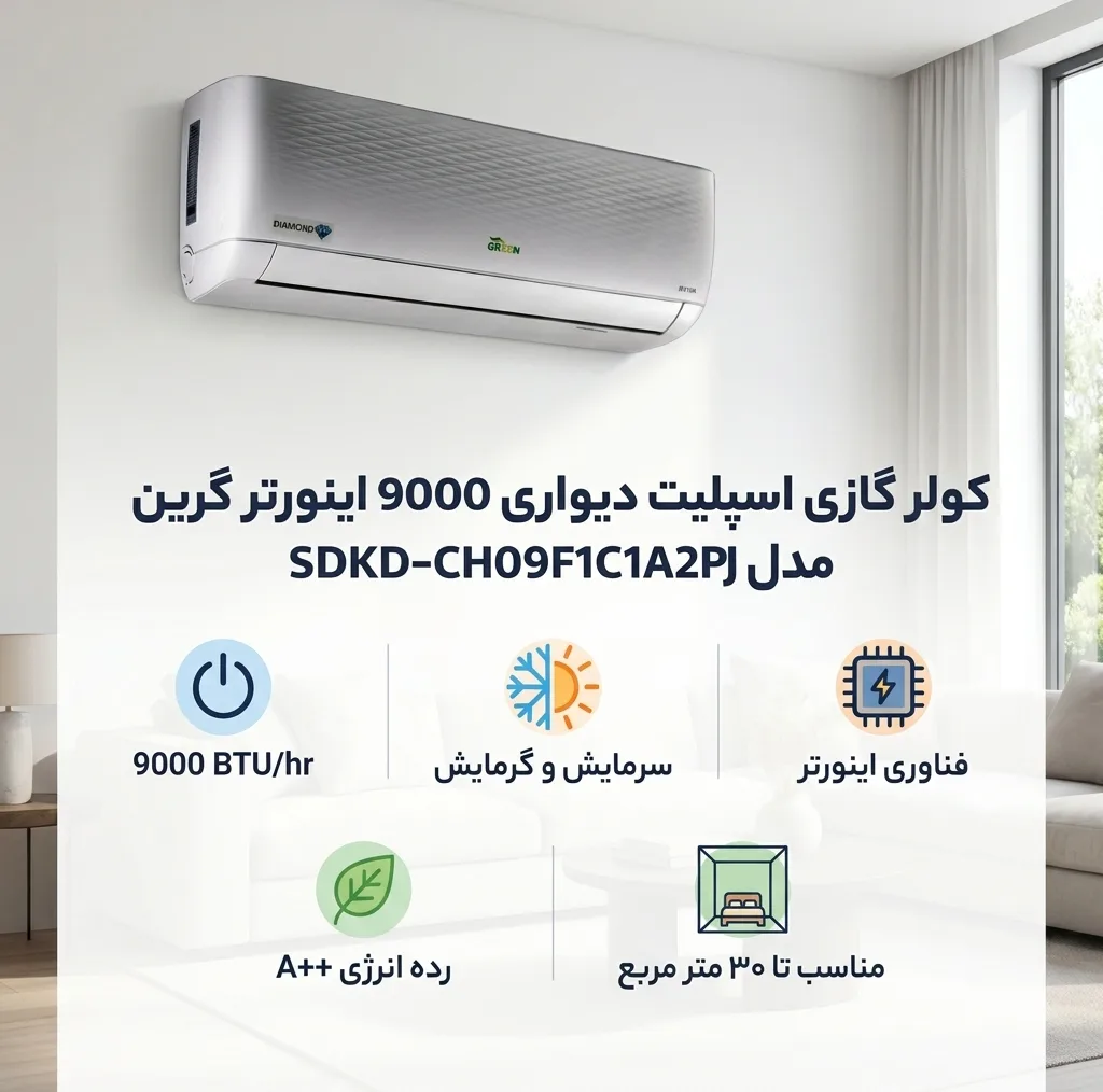کولر گازی اسپلیت دیواری 9000 اینورتر گرین مدل SDKD-CH09F1C1A2PJ