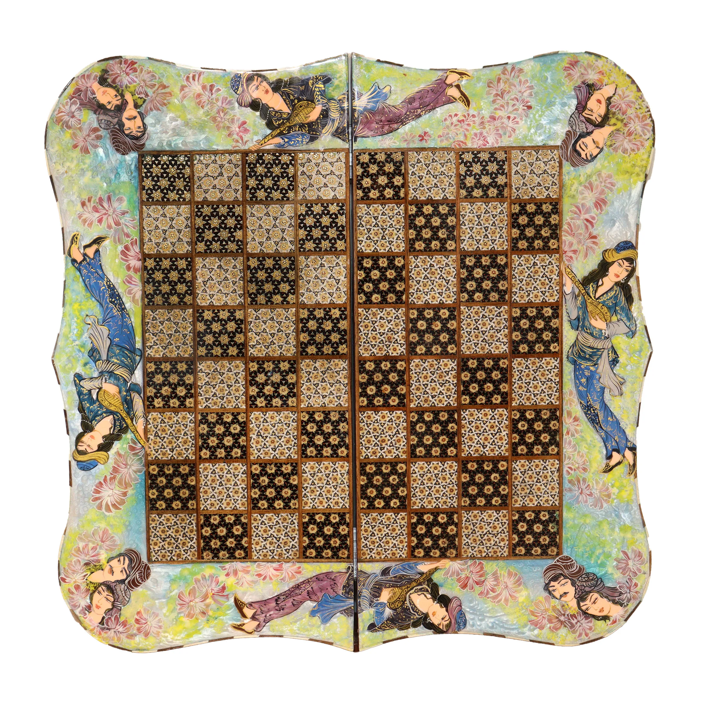 صفحه شطرنج خاتم کاری چوبی صنایع دستی فاخر مدل دو منظوره دالبری طرح دختر شاه پریان کد ChessBoard60p60